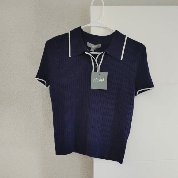 Marled Reunited Clothing Tops - Marled Reunited Clothing Short Sleeve Top 00829-INVS Evening Blue/Egret Size: S